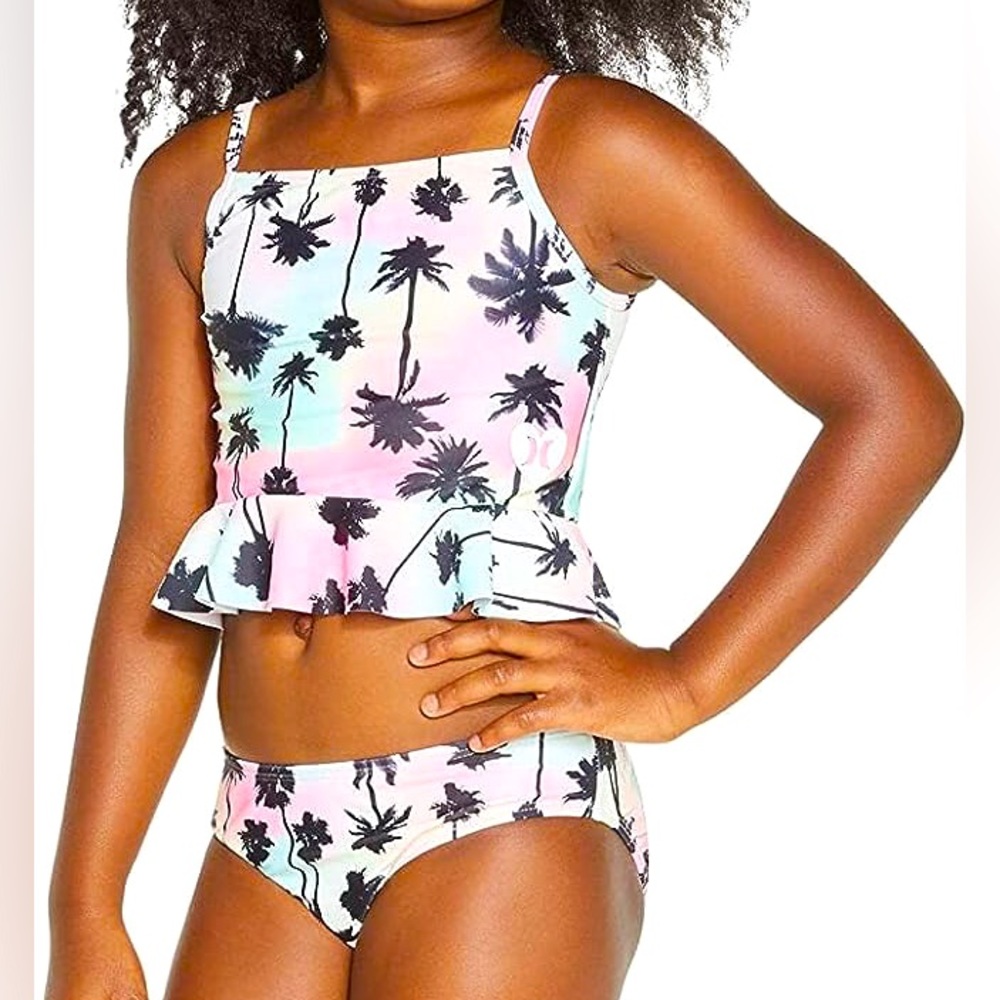 Hurley girls two piece tankini swimsuit bathing suit swimwear palm trees